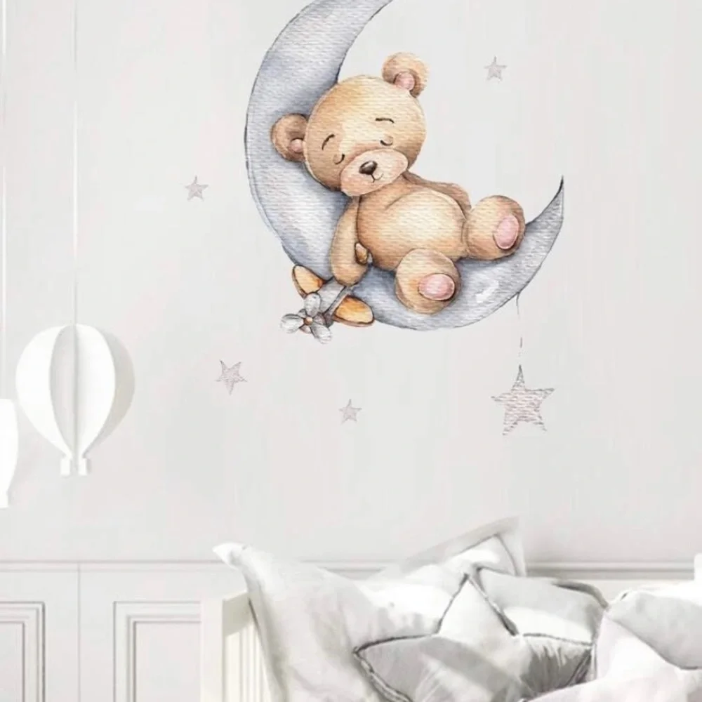 Baby Bear Nursery Wall Sticker Teddy Bear Sleeping in Moon W/ Stars Decal New